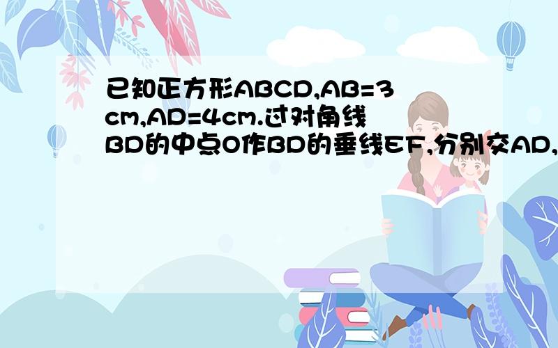 已知正方形ABCD,AB=3cm,AD=4cm.过对角线BD的中点O作BD的垂线EF,分别交AD,BC于点E,F,求AE的长.