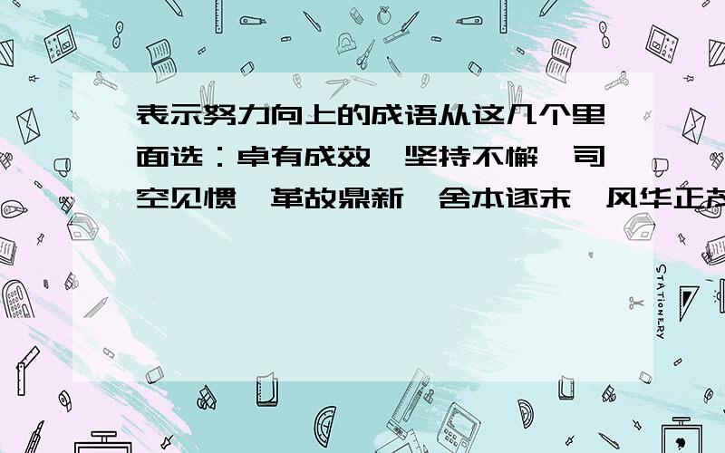 表示努力向上的成语从这几个里面选：卓有成效、坚持不懈、司空见惯、革故鼎新、舍本逐末、风华正茂、不耻下问、百炼成钢