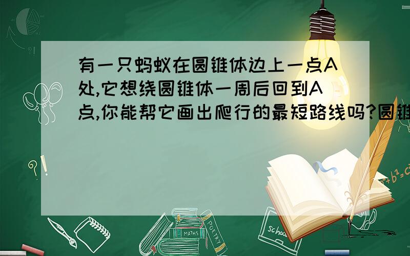 有一只蚂蚁在圆锥体边上一点A处,它想绕圆锥体一周后回到A点,你能帮它画出爬行的最短路线吗?圆锥体就是像一顶帽子一样的体