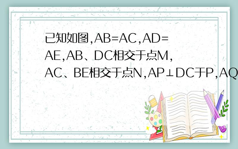 已知如图,AB=AC,AD=AE,AB、DC相交于点M,AC、BE相交于点N,AP⊥DC于P,AQ⊥BE于Q且∠DAB=∠EAC,说明AP=AQ