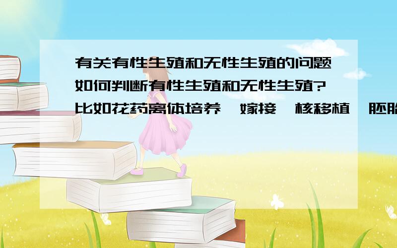 有关有性生殖和无性生殖的问题如何判断有性生殖和无性生殖?比如花药离体培养,嫁接,核移植,胚胎移植,细胞融合（植物体细胞杂交,动物细胞融合）.尤其是核移植,好象它有时是有性,有时又