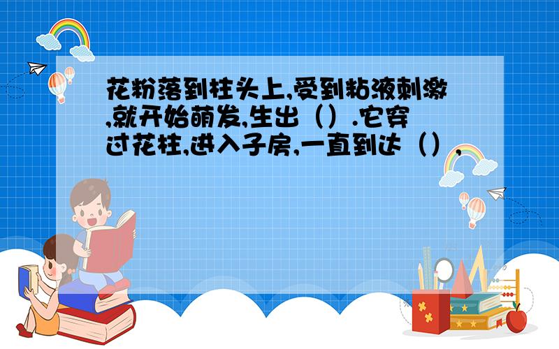 花粉落到柱头上,受到粘液刺激,就开始萌发,生出（）.它穿过花柱,进入子房,一直到达（）,