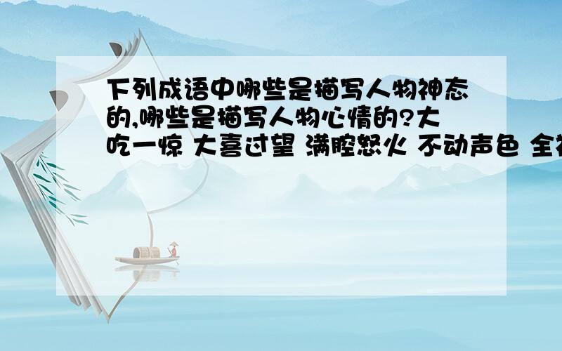 下列成语中哪些是描写人物神态的,哪些是描写人物心情的?大吃一惊 大喜过望 满腔怒火 不动声色 全神贯注 小心翼翼 如醉如痴 依依不舍心安理得 失魂落魄 牵肠挂肚 忐忑不安