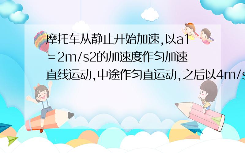 摩托车从静止开始加速,以a1＝2m/s2的加速度作匀加速直线运动,中途作匀直运动,之后以4m/s2作作减速运动,直至停止,一共经过1800米,60秒!求走这段位移所需最短时间和车的最大速度