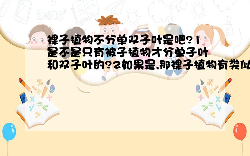 裸子植物不分单双子叶是吧?1是不是只有被子植物才分单子叶和双子叶的?2如果是,那裸子植物有类似的划分吗?3裸子植物的子叶(或者说根本没有?)又是怎么样的呢?麻烦各位解答~~~谢谢大家~~~