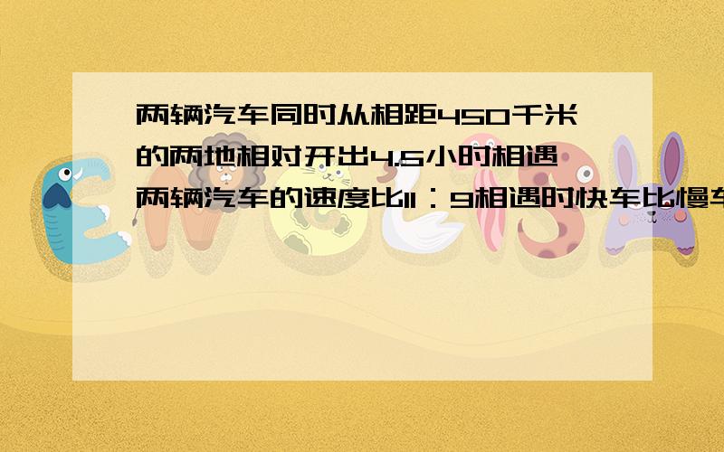 两辆汽车同时从相距450千米的两地相对开出4.5小时相遇两辆汽车的速度比11：9相遇时快车比慢车多行多少千米