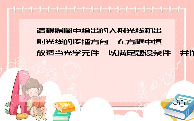 请根据图中给出的入射光线和出射光线的传播方向,在方框中填放适当光学元件,以满足题设条件,并作出光路图加以说明,请找出尽可能多的方法老师说有六种,凸透镜.凹透镜.凹面镜.凸面镜.平