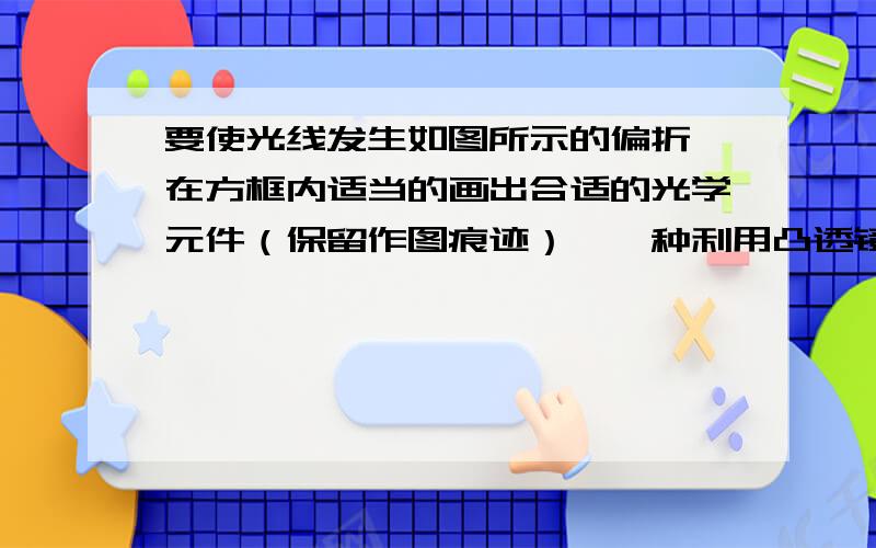 要使光线发生如图所示的偏折,在方框内适当的画出合适的光学元件（保留作图痕迹）,一种利用凸透镜,一种利用凹透镜折射