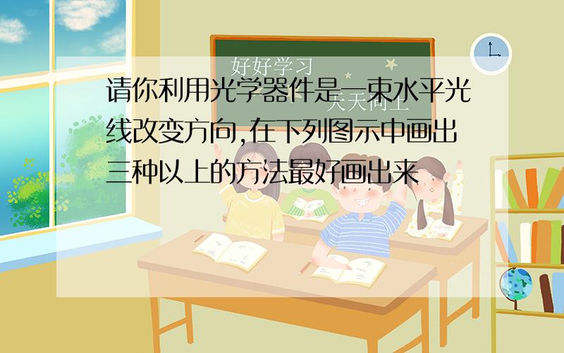 请你利用光学器件是一束水平光线改变方向,在下列图示中画出三种以上的方法最好画出来