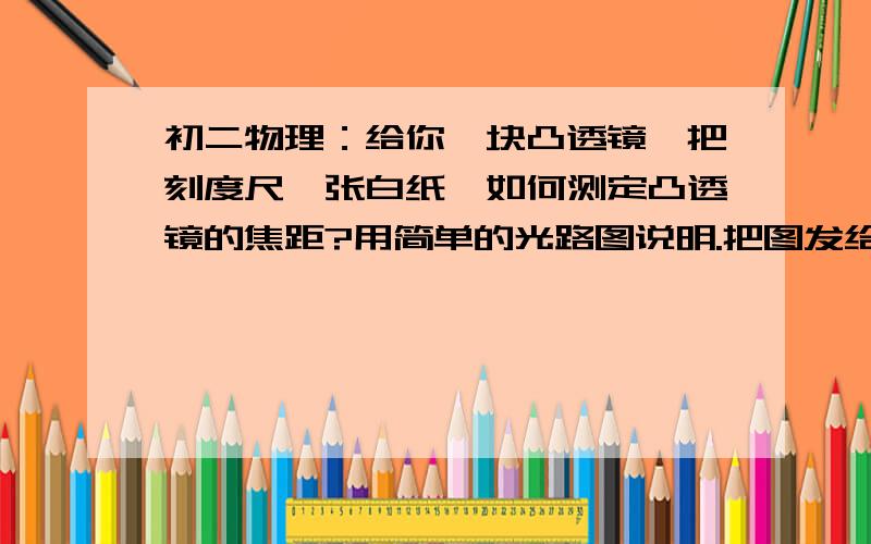 初二物理：给你一块凸透镜一把刻度尺一张白纸,如何测定凸透镜的焦距?用简单的光路图说明.把图发给我