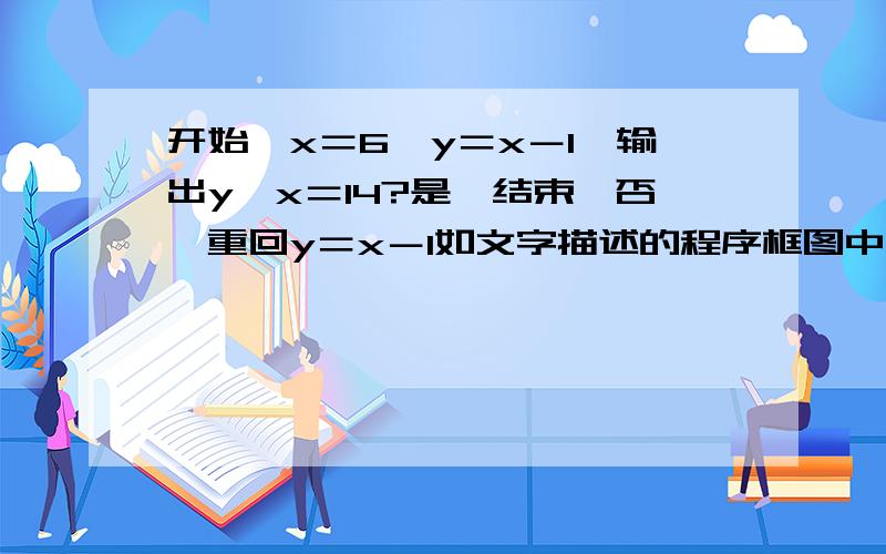 开始→x＝6→y＝x－1→输出y→x＝14?是→结束,否→重回y＝x－1如文字描述的程序框图中,记所有的x的值组成的集合为A,由输出的数据y组成的集合为B（1）分别写出集合A,B（2）在集合A中任取一