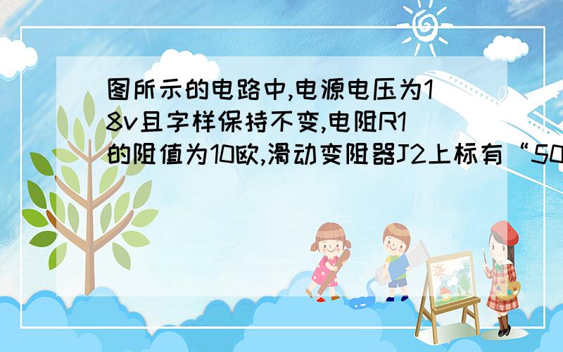 图所示的电路中,电源电压为18v且字样保持不变,电阻R1的阻值为10欧,滑动变阻器J2上标有“50欧 1A”字样.闭合开光S后,通过R1的电流为0.6A,求在滑片移动的过程中电压表的最小示数.