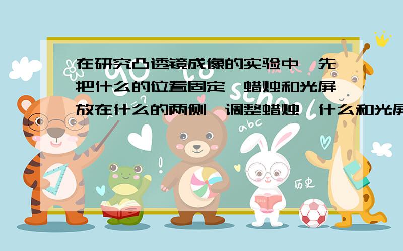 在研究凸透镜成像的实验中,先把什么的位置固定,蜡烛和光屏放在什么的两侧,调整蜡烛、什么和光屏的高度,使它们的中心大致在什么直线上.