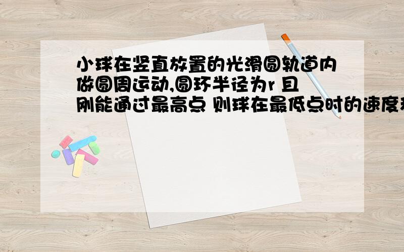 小球在竖直放置的光滑圆轨道内做圆周运动,圆环半径为r 且刚能通过最高点 则球在最低点时的速度和对圆轨道的压力分别为