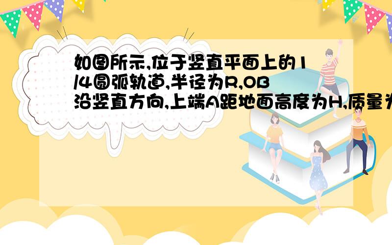 如图所示,位于竖直平面上的1/4圆弧轨道,半径为R,OB沿竖直方向,上端A距地面高度为H,质量为m的小球从A点释放,最后落在水平地面上C点处,不计空气阻力.已知小球到达B点时对圆弧轨道的压力为2m