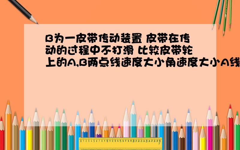 B为一皮带传动装置 皮带在传动的过程中不打滑 比较皮带轮上的A,B两点线速度大小角速度大小A线速度大小相等,角速度大小相等B线速度代大小不相等,角速度大小不相等C线速度大小相等,角速