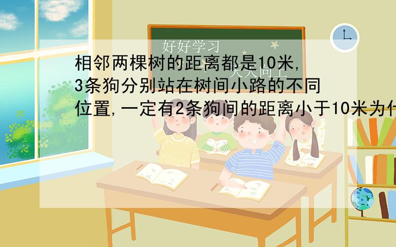 相邻两棵树的距离都是10米,3条狗分别站在树间小路的不同位置,一定有2条狗间的距离小于10米为什么,请说明理由.最好用文字说明,