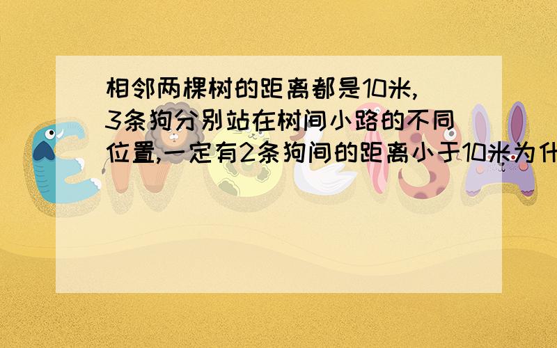 相邻两棵树的距离都是10米,3条狗分别站在树间小路的不同位置,一定有2条狗间的距离小于10米为什