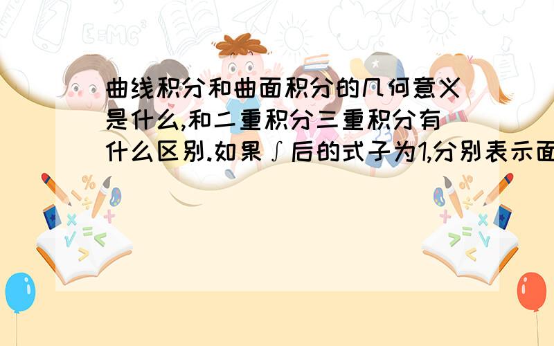 曲线积分和曲面积分的几何意义是什么,和二重积分三重积分有什么区别.如果∫后的式子为1,分别表示面积还是体积