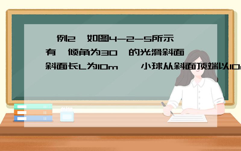 【例2】如图4-2-5所示,有一倾角为30°的光滑斜面,斜面长L为10m,一小球从斜面顶端以10m/s的速度沿水平方向抛出,求：（1）小球沿斜面滑到底端时水平位移S；（2）小球到达斜面底端时的速度大