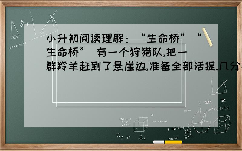 小升初阅读理解：“生命桥”“生命桥” 有一个狩猎队,把一群羚羊赶到了悬崖边,准备全部活捉.几分钟以后,羚羊群分成了两群：老羚羊为一群,年轻羚羊为一群.一只老羚羊走出羊群,朝年轻