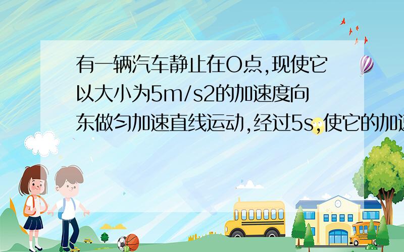 有一辆汽车静止在O点,现使它以大小为5m/s2的加速度向东做匀加速直线运动,经过5s,使它的加速度方向立即改为向西,加速度的大小不改变,再经过5s,又使它的加速度方向改为向东,但加速度大小