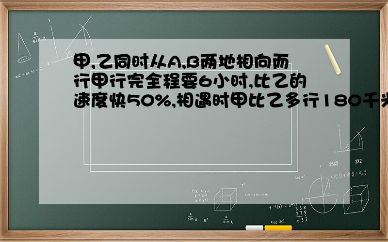 甲,乙同时从A,B两地相向而行甲行完全程要6小时,比乙的速度快50%,相遇时甲比乙多行180千米,求乙的速度.