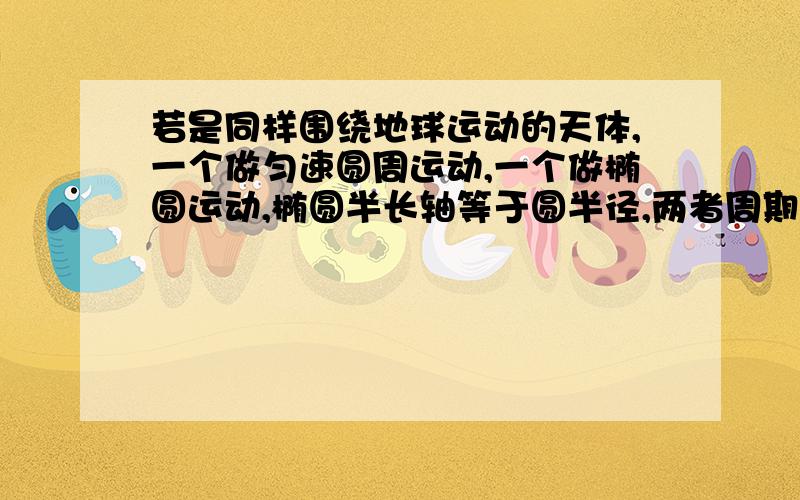 若是同样围绕地球运动的天体,一个做匀速圆周运动,一个做椭圆运动,椭圆半长轴等于圆半径,两者周期比较