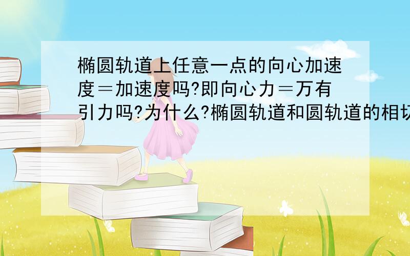 椭圆轨道上任意一点的向心加速度＝加速度吗?即向心力＝万有引力吗?为什么?椭圆轨道和圆轨道的相切点加速度相等吗?这里的加速度指的是向心加速度吗