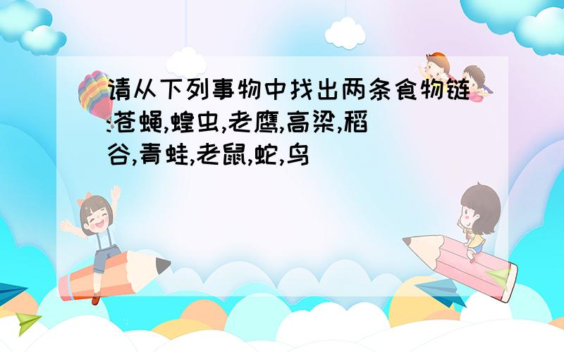 请从下列事物中找出两条食物链:苍蝇,蝗虫,老鹰,高梁,稻谷,青蛙,老鼠,蛇,鸟