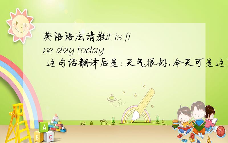 英语语法请教it is fine day today   这句话翻译后是：天气很好,今天可是这里面没有天气这个词啊.day 和today 一个是日子,一个是今天,貌似啰嗦而且重复,无法理解啊