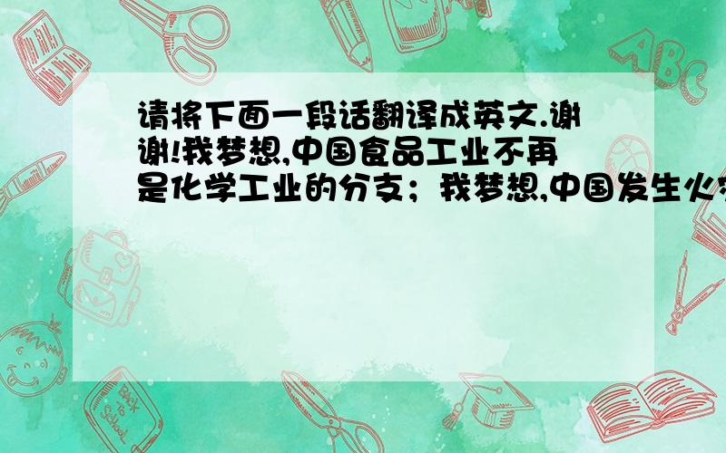 请将下面一段话翻译成英文.谢谢!我梦想,中国食品工业不再是化学工业的分支；我梦想,中国发生火灾后承担责任的不只是临时工；我梦想,中国人不再纳闷何以行凶打人的公权利代表总是编