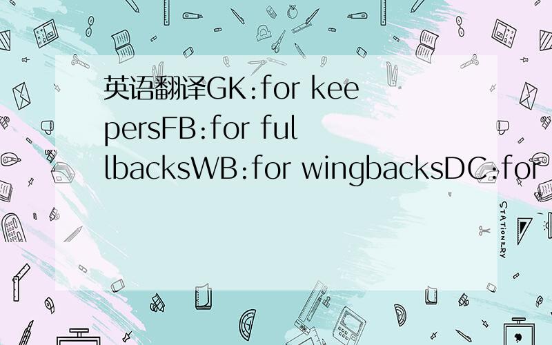 英语翻译GK:for keepersFB:for fullbacksWB:for wingbacksDC:for central defendersDM:for defensive midfielders and defence oriented MCsAM:for attacking midfielders and attack oriented MCsWG:for wingersST(fast):for fast,poaching type strikersST(strng)