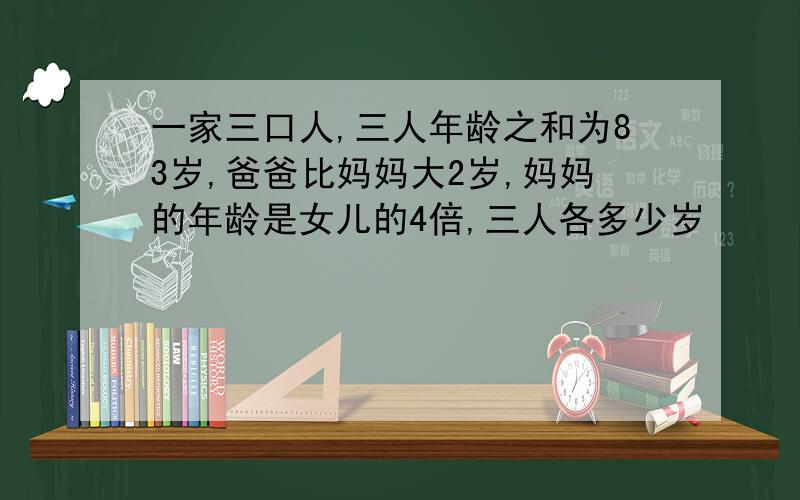 一家三口人,三人年龄之和为83岁,爸爸比妈妈大2岁,妈妈的年龄是女儿的4倍,三人各多少岁