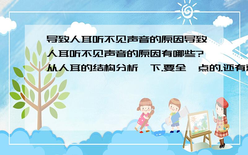 导致人耳听不见声音的原因导致人耳听不见声音的原因有哪些?从人耳的结构分析一下.要全一点的.还有就是助听器的种类牌子价位等等.一楼的注意审题啊……这个问题得从耳朵结构分析来这