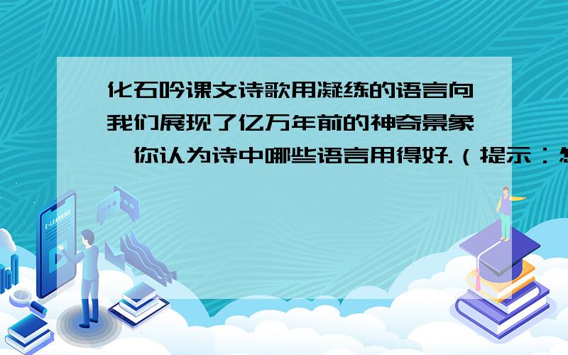 化石吟课文诗歌用凝练的语言向我们展现了亿万年前的神奇景象,你认为诗中哪些语言用得好.（提示：怎样品析呢?有这样四句话：妙在写出了什么?妙在表现了什么?妙在说明了什么?妙在点明