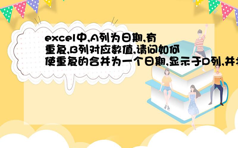excel中,A列为日期,有重复,B列对应数值,请问如何使重复的合并为一个日期,显示于D列,并将重复数并将重复数值相加,