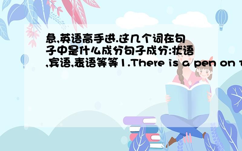 急,英语高手进.这几个词在句子中是什么成分句子成分:状语,宾语,表语等等1.There is a pen on the desk.[there is]是什么成分?[a pen]是什么成分?[on the desk]是什么成分?2.The woman is red is our new English teacher