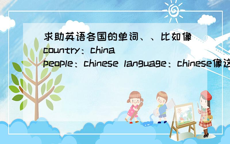 求助英语各国的单词、、比如像country：china people：chinese language：chinese像这种的格式 帮忙写20个国家的 不包括中国 英国和美国