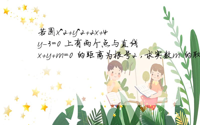 若圆x^2+y^2+2x+4y-3=0 上有两个点与直线x+y+m=0 的距离为根号2 ,求实数m 的取值范围.有一个解答得-3