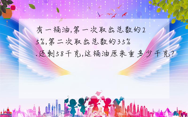 有一桶油,第一次取出总数的25%,第二次取出总数的35%.还剩58千克,这桶油原来重多少千克?