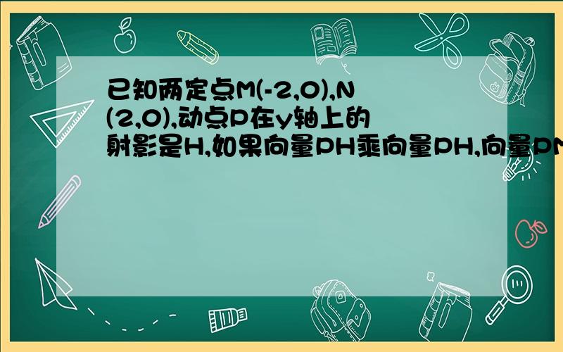 已知两定点M(-2,0),N(2,0),动点P在y轴上的射影是H,如果向量PH乘向量PH,向量PM乘向量PN分别是公比为2的等比数列的第三,第四项.(1)求动点P的轨迹方程C;(2)已知过点N的直线L交曲线C于x轴下方的两个