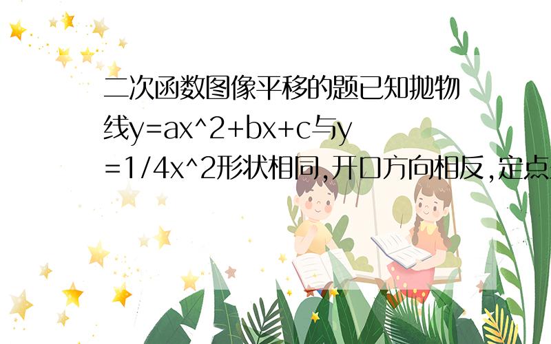 二次函数图像平移的题已知抛物线y=ax^2+bx+c与y=1/4x^2形状相同,开口方向相反,定点坐标为(-2,4) 问:求抛物线与x轴和y轴的交点坐标