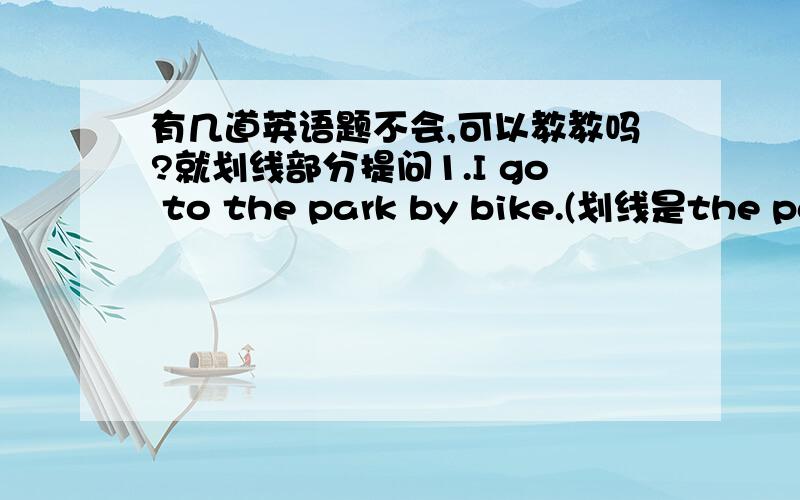 有几道英语题不会,可以教教吗?就划线部分提问1.I go to the park by bike.(划线是the park)2.Usually Igo to school on foot.(划线是Usually)3.We can go at a green light.(划线是go)谢谢朋友们帮帮忙.OK?我后天就要交给