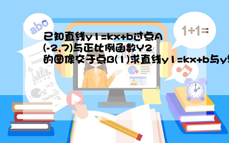 已知直线y1=kx+b过点A(-2,7)与正比例函数Y2的图像交于点B(1)求直线y1=kx+b与y轴的交点C、与x轴的交点D的坐标.(2)求正比例函数y2的解析式.(3)求△BOC的面积与△DOB的面积之比.