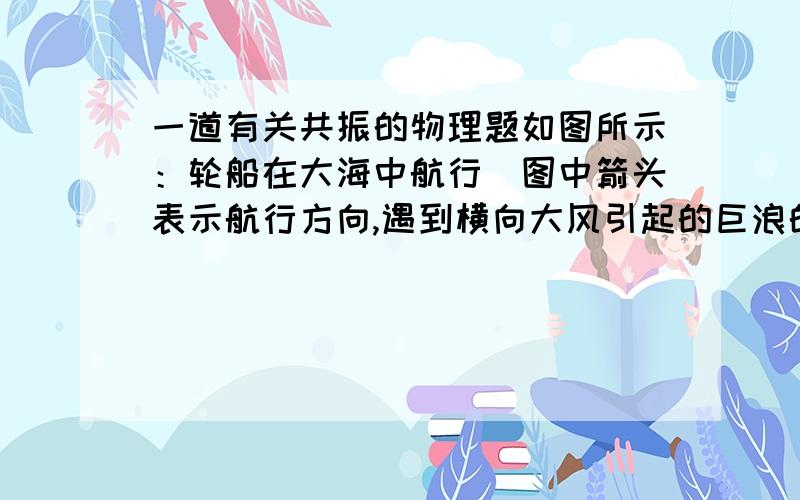 一道有关共振的物理题如图所示：轮船在大海中航行(图中箭头表示航行方向,遇到横向大风引起的巨浪的冲击而剧烈地左右摇摆,(图中空心箭头表示海浪冲击的方向,实线表示海浪的波峰)为了