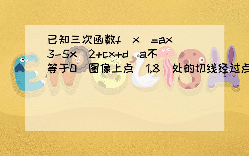 已知三次函数f(x)=ax^3-5x^2+cx+d(a不等于0）图像上点（1,8）处的切线经过点（3.0）并且f(x)在x=3处有极值.（1）求f(x)的解析式.（2）若当x属于（0.m)时,f(x)>0恒成立.求实数m的取值范围.