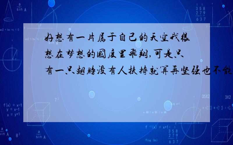 好想有一片属于自己的天空我很想在梦想的国度里飞翔,可是只有一只翅膀没有人扶持就算再坚强也不能展翅高飞?