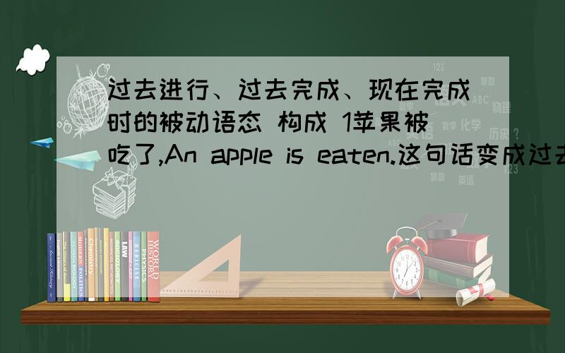 过去进行、过去完成、现在完成时的被动语态 构成 1苹果被吃了,An apple is eaten.这句话变成过去进行时,现在完成时,过去完成时,怎么变呢?非常着急!