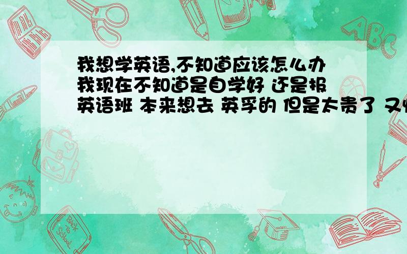 我想学英语,不知道应该怎么办我现在不知道是自学好 还是报英语班 本来想去 英孚的 但是太贵了 又怕得不到效果 所以现在不知道怎么办好了 请这方面成功的认识 那些做广告的 就不要浪费